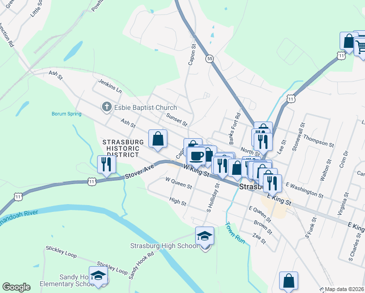 map of restaurants, bars, coffee shops, grocery stores, and more near 271 West Washington Street in Strasburg