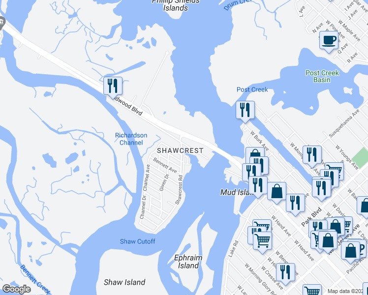 map of restaurants, bars, coffee shops, grocery stores, and more near 5121 Shawcrest Road in Wildwood