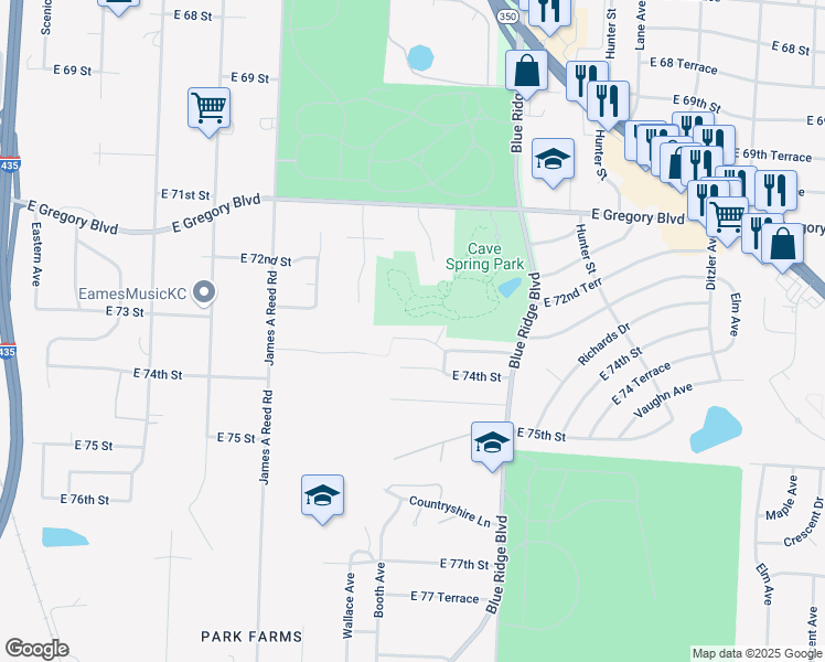 map of restaurants, bars, coffee shops, grocery stores, and more near 8615 East 73 Terrace in Kansas City