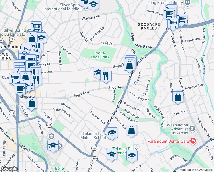 map of restaurants, bars, coffee shops, grocery stores, and more near 609 Sligo Avenue in Silver Spring