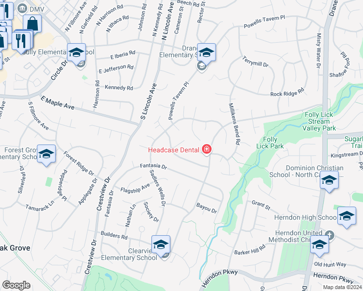 map of restaurants, bars, coffee shops, grocery stores, and more near 12807 Briery River Terrace in Herndon