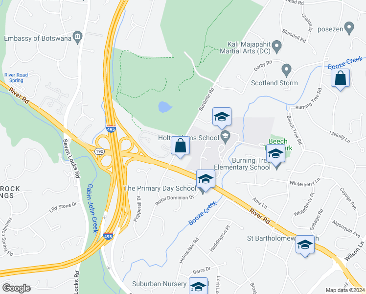 map of restaurants, bars, coffee shops, grocery stores, and more near 8301 Burdette Road in Bethesda