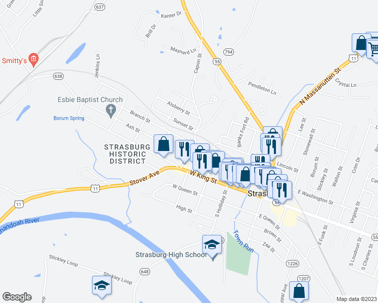 map of restaurants, bars, coffee shops, grocery stores, and more near 201 Capon Street in Strasburg