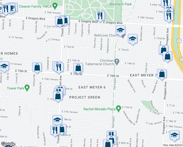 map of restaurants, bars, coffee shops, grocery stores, and more near 7446 Flora Avenue in Kansas City