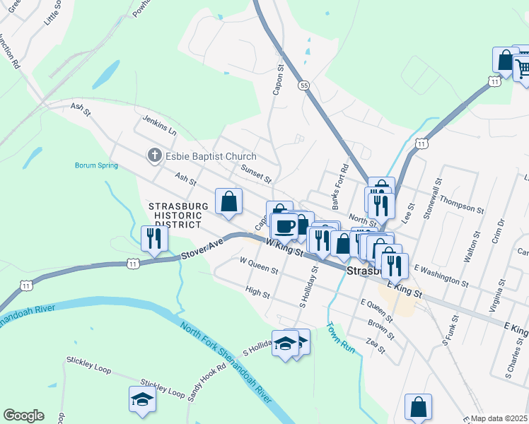 map of restaurants, bars, coffee shops, grocery stores, and more near 271 West Washington Street in Strasburg