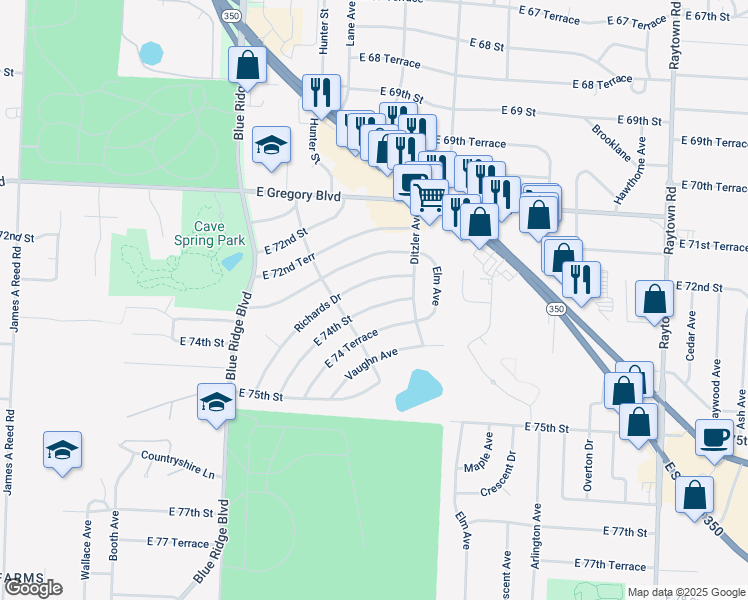 map of restaurants, bars, coffee shops, grocery stores, and more near 9202 East 74 Terrace in Raytown