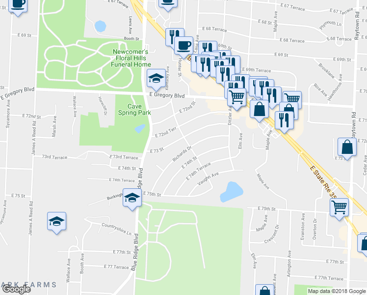 map of restaurants, bars, coffee shops, grocery stores, and more near 9006 Richards Drive in Raytown