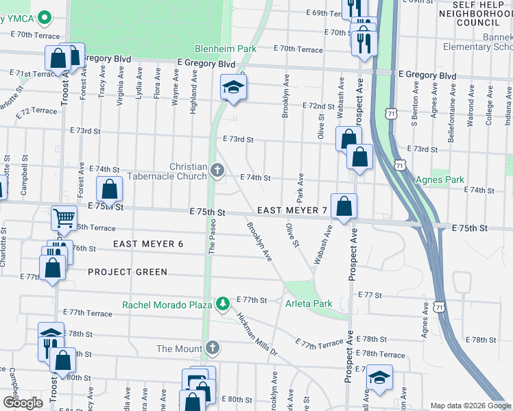 map of restaurants, bars, coffee shops, grocery stores, and more near 2205 East 75th Street in Kansas City