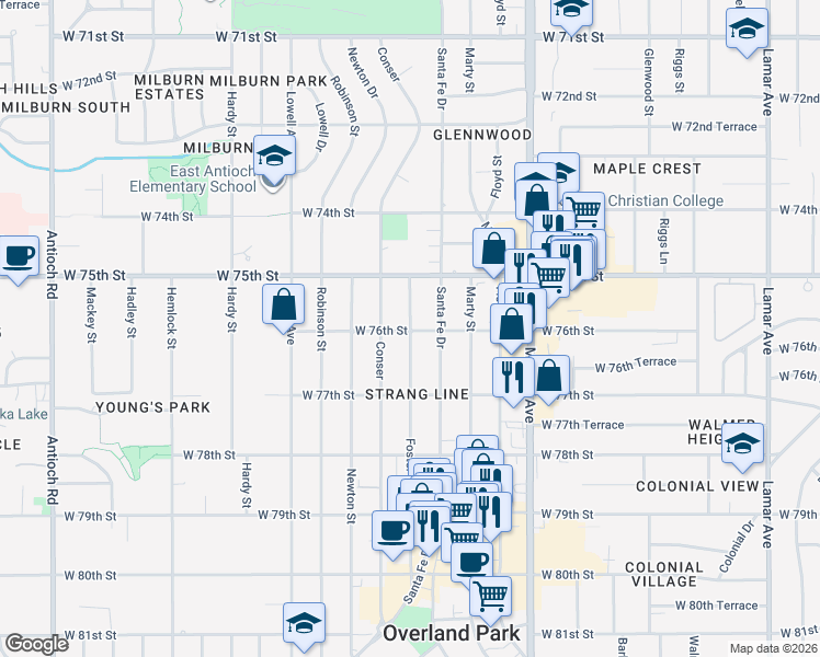 map of restaurants, bars, coffee shops, grocery stores, and more near 7604 Foster Street in Overland Park