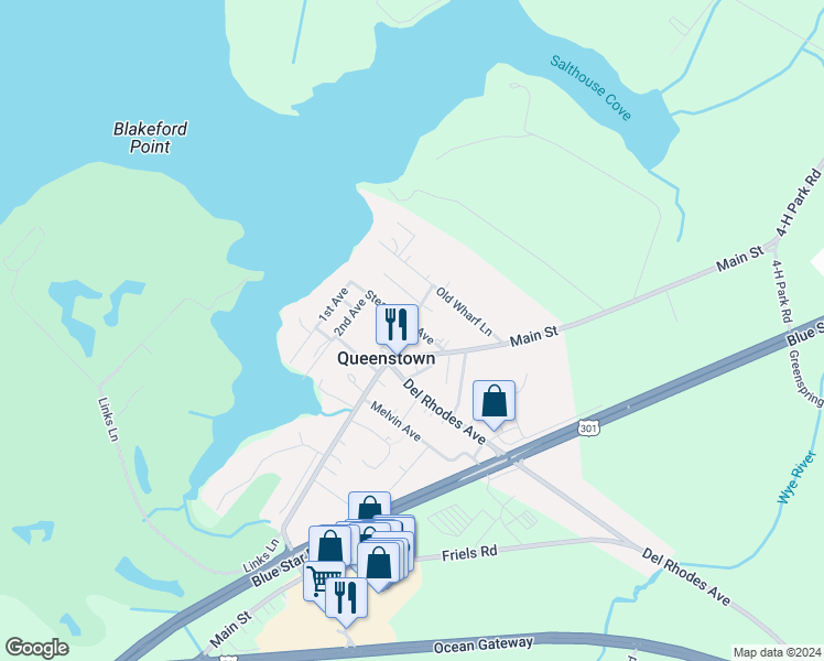map of restaurants, bars, coffee shops, grocery stores, and more near 7112 Maryland Avenue in Queenstown