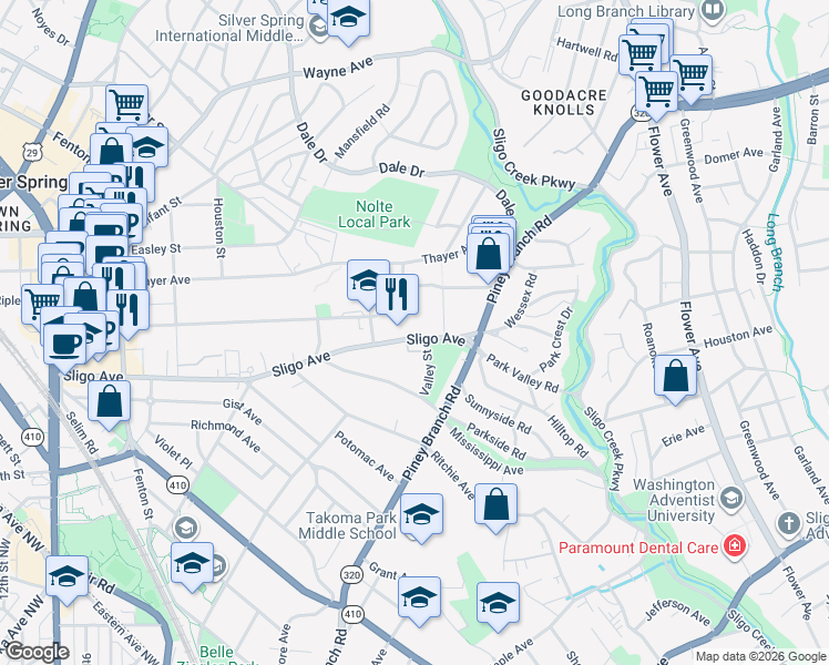 map of restaurants, bars, coffee shops, grocery stores, and more near 603 Sligo Avenue in Silver Spring