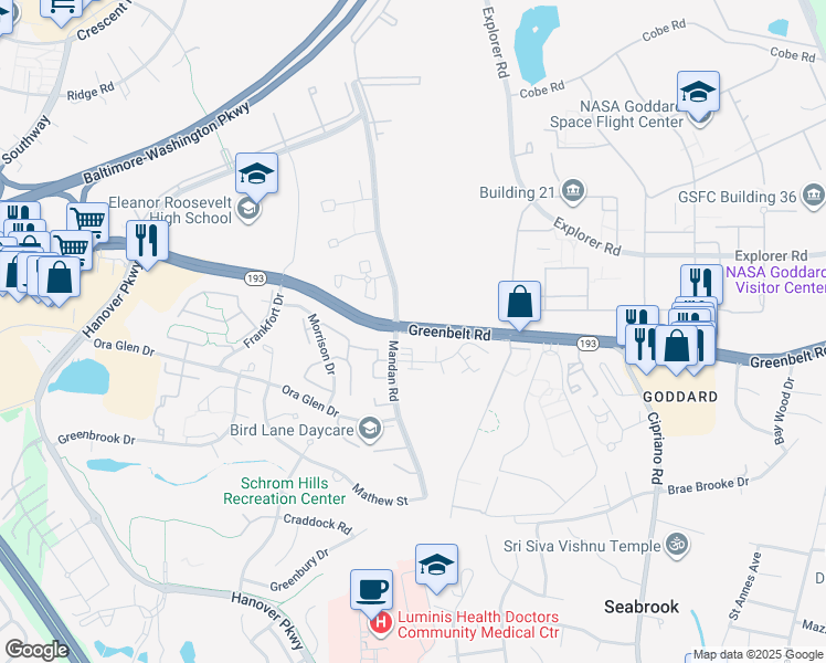 map of restaurants, bars, coffee shops, grocery stores, and more near in Greenbelt