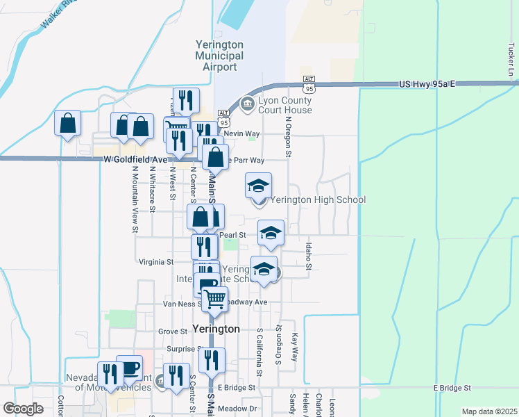 map of restaurants, bars, coffee shops, grocery stores, and more near 114 Pearl Street in Yerington