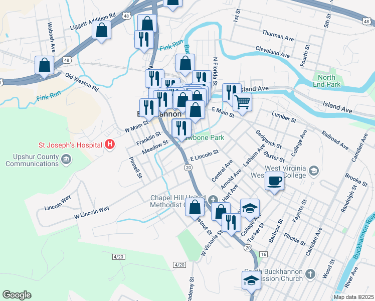 map of restaurants, bars, coffee shops, grocery stores, and more near 2 East Lincoln Street in Buckhannon