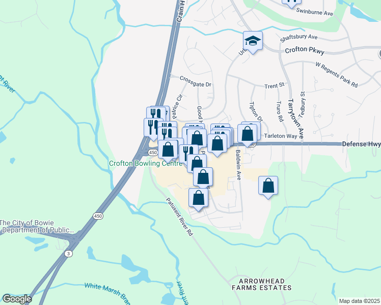 map of restaurants, bars, coffee shops, grocery stores, and more near 2181 Defense Highway in Crofton