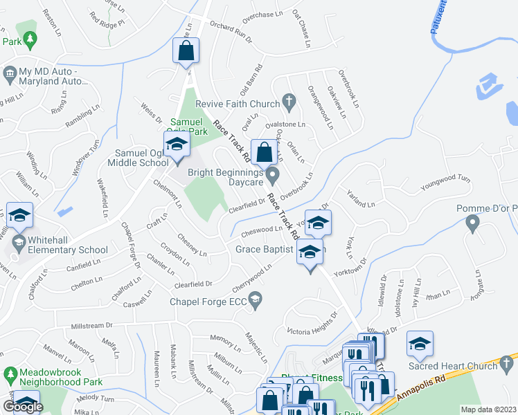 map of restaurants, bars, coffee shops, grocery stores, and more near 13005 Clearfield Drive in Bowie