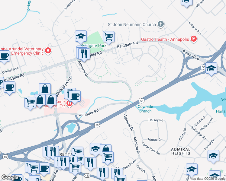 map of restaurants, bars, coffee shops, grocery stores, and more near 603 Admiral Drive in Annapolis