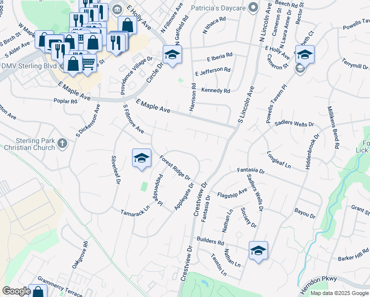 map of restaurants, bars, coffee shops, grocery stores, and more near 109 Applegate Drive in Sterling