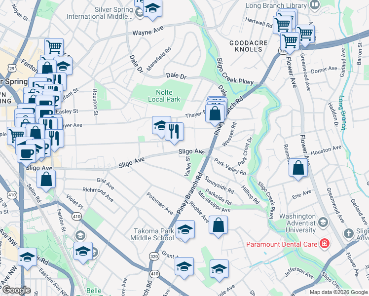 map of restaurants, bars, coffee shops, grocery stores, and more near 603 Sligo Avenue in Silver Spring