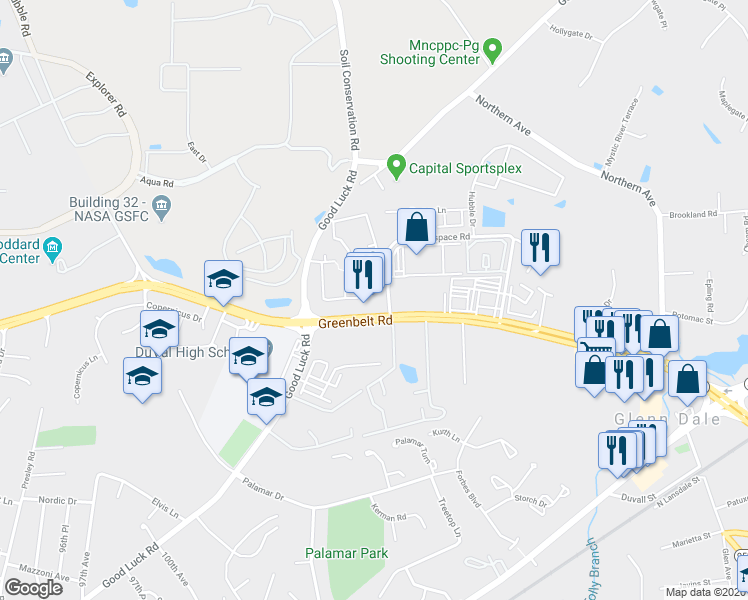 map of restaurants, bars, coffee shops, grocery stores, and more near 9900 Greenbelt Road in Lanham