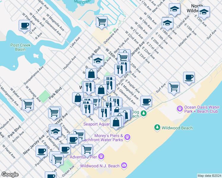 map of restaurants, bars, coffee shops, grocery stores, and more near 3200 Pacific Avenue in Wildwood