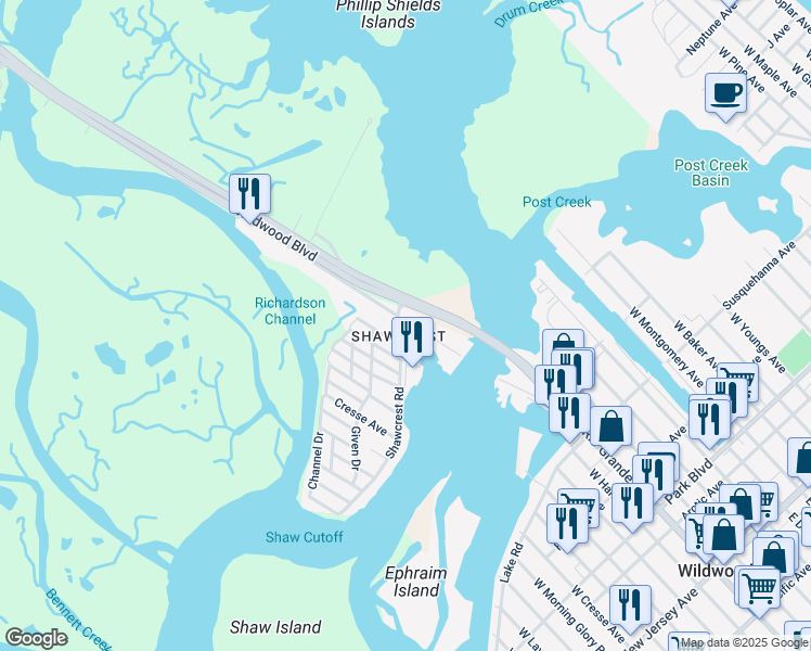 map of restaurants, bars, coffee shops, grocery stores, and more near 778 West Rio Grande Avenue in Wildwood