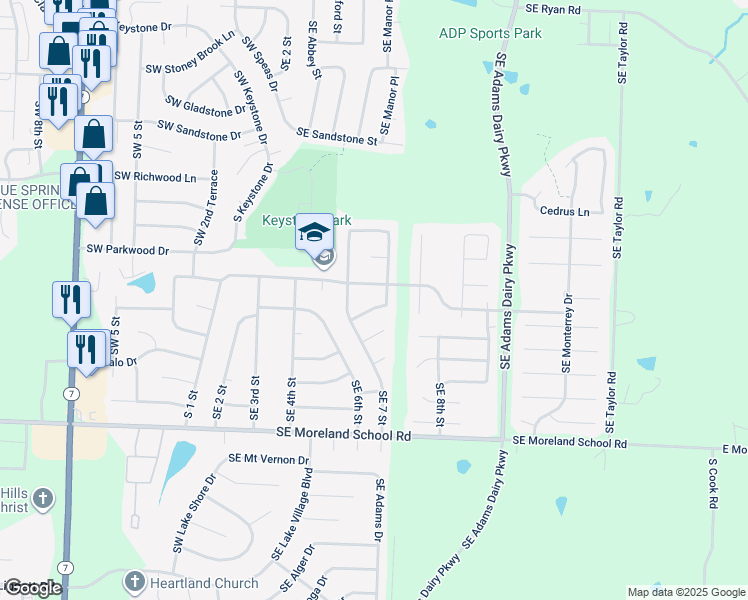 map of restaurants, bars, coffee shops, grocery stores, and more near 717 Southeast Diamond Court in Blue Springs