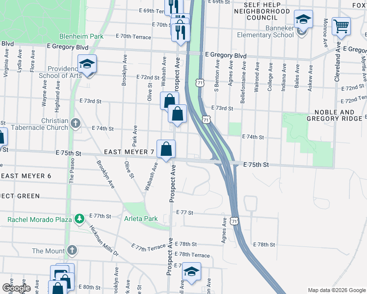 map of restaurants, bars, coffee shops, grocery stores, and more near 7445 Prospect Avenue in Kansas City