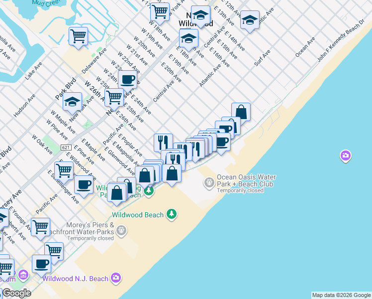 map of restaurants, bars, coffee shops, grocery stores, and more near 429 East 25th Avenue in North Wildwood