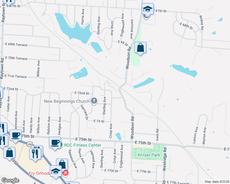 map of restaurants, bars, coffee shops, grocery stores, and more near 11320 East 72 Street in Raytown