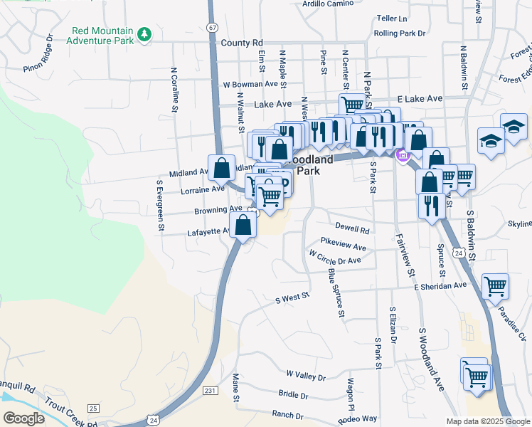 map of restaurants, bars, coffee shops, grocery stores, and more near 743 Gold Hill Place South in Woodland Park