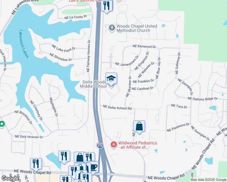 map of restaurants, bars, coffee shops, grocery stores, and more near 4401 Northeast Lakewood Way in Lee's Summit
