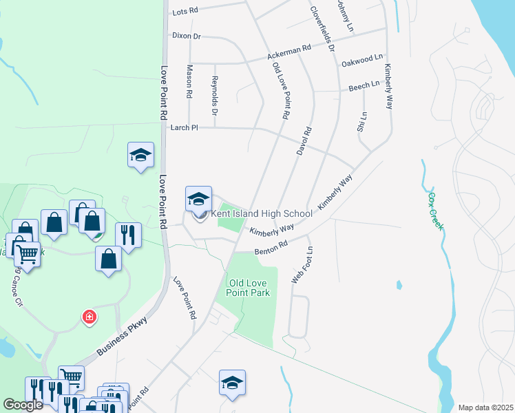 map of restaurants, bars, coffee shops, grocery stores, and more near 604 Old Love Point Road in Stevensville