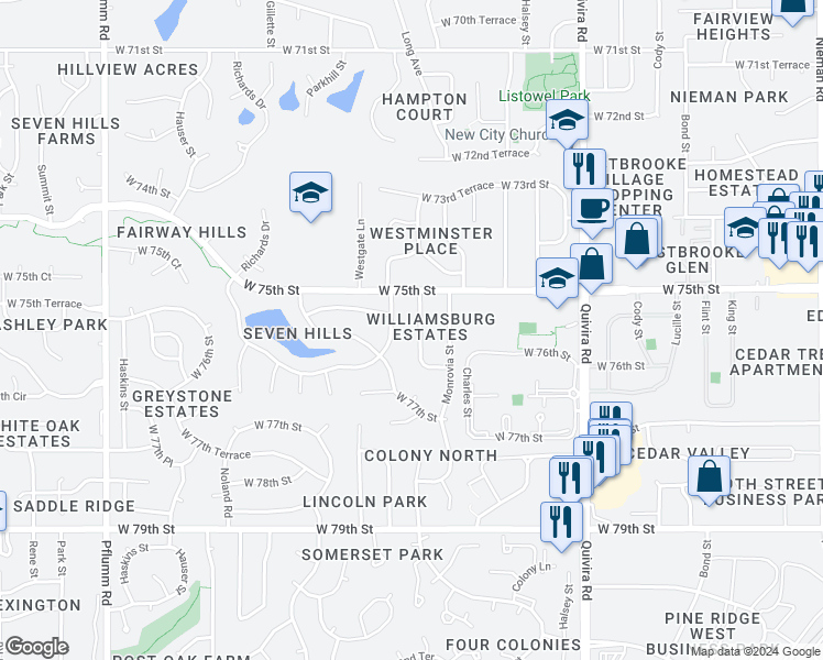 map of restaurants, bars, coffee shops, grocery stores, and more near 7530 Long Street in Lenexa
