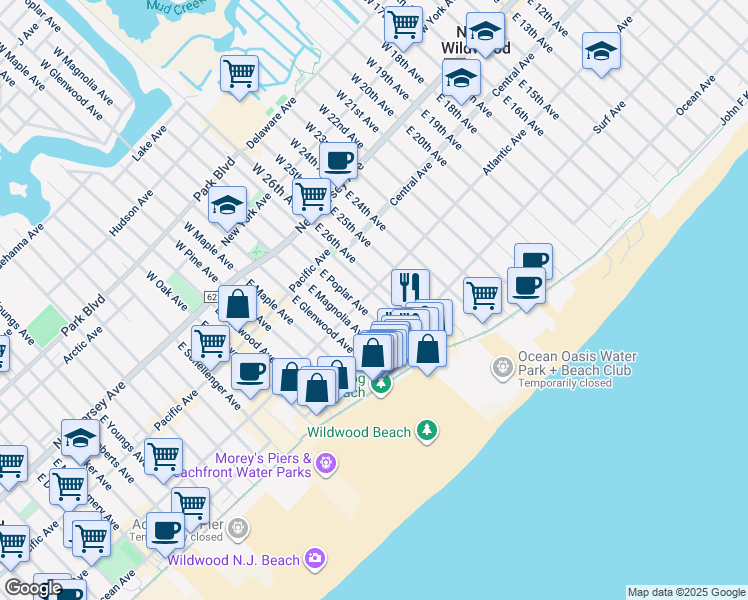 map of restaurants, bars, coffee shops, grocery stores, and more near 318 East Juniper Avenue in Wildwood