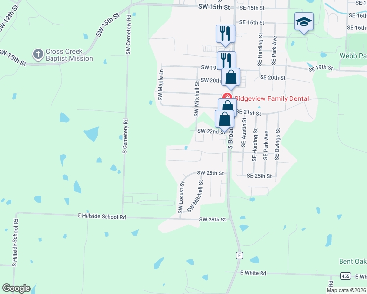 map of restaurants, bars, coffee shops, grocery stores, and more near 400 Southwest 24th Street in Oak Grove