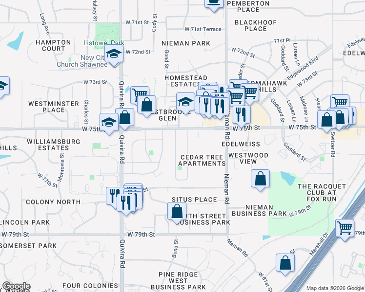 map of restaurants, bars, coffee shops, grocery stores, and more near 7605 Flint Street in Overland Park