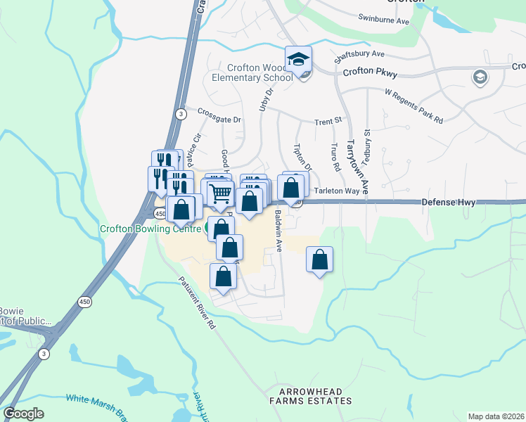 map of restaurants, bars, coffee shops, grocery stores, and more near 2131 Defense Highway in Crofton