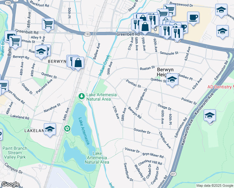 map of restaurants, bars, coffee shops, grocery stores, and more near in Berwyn Heights