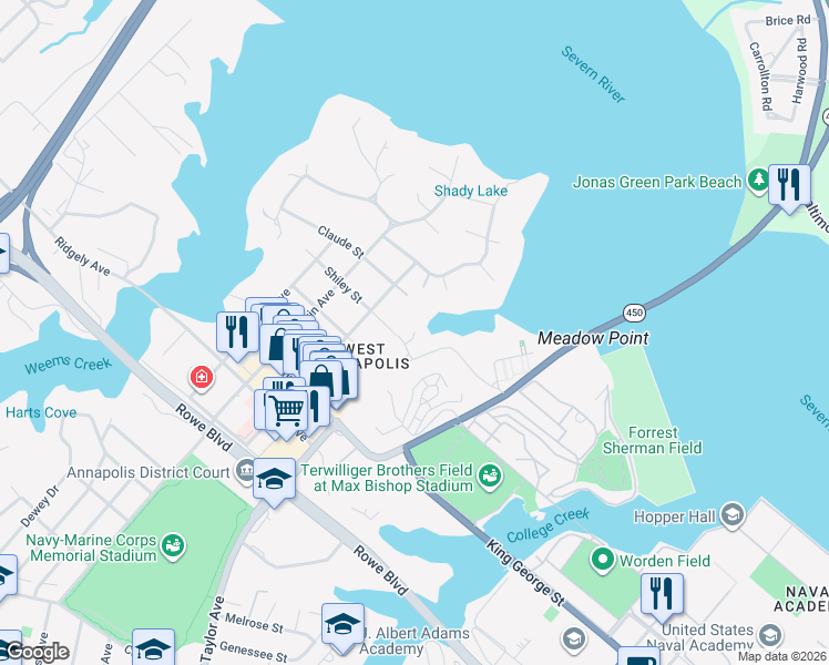 map of restaurants, bars, coffee shops, grocery stores, and more near 1 South Monroe Road in Annapolis