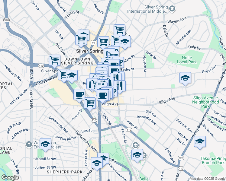 map of restaurants, bars, coffee shops, grocery stores, and more near 915 Silver Spring Avenue in Silver Spring