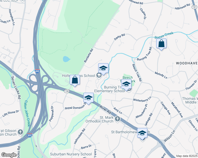 map of restaurants, bars, coffee shops, grocery stores, and more near 7303 River Road in Bethesda