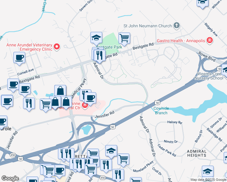 map of restaurants, bars, coffee shops, grocery stores, and more near 617 Admiral Drive in Annapolis
