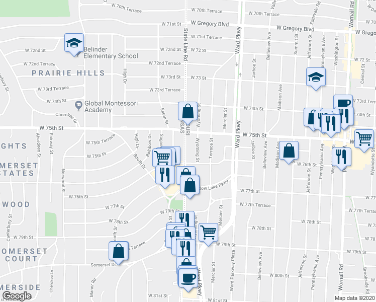 map of restaurants, bars, coffee shops, grocery stores, and more near 7549 State Line Road in Kansas City