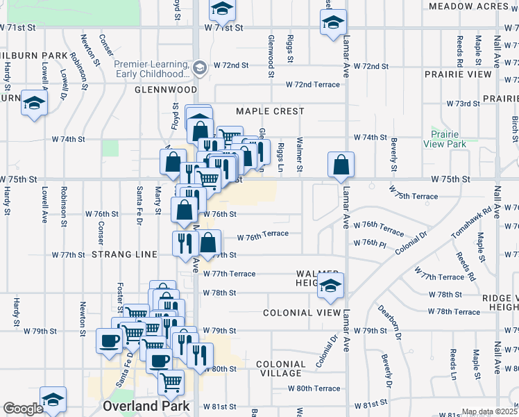 map of restaurants, bars, coffee shops, grocery stores, and more near 6721 West 76th Street in Overland Park