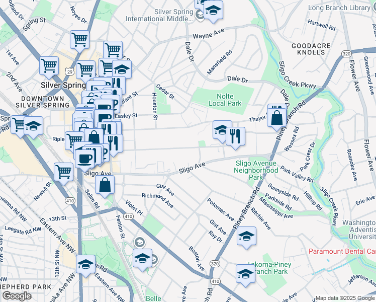 map of restaurants, bars, coffee shops, grocery stores, and more near 710 Silver Spring Avenue in Silver Spring
