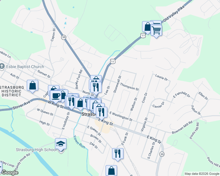 map of restaurants, bars, coffee shops, grocery stores, and more near 335 Stonewall Street in Strasburg
