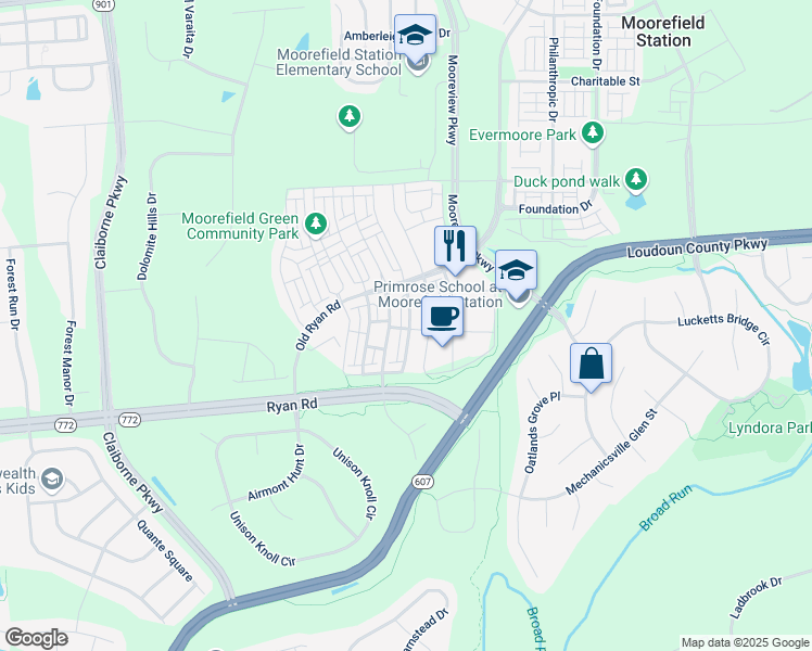 map of restaurants, bars, coffee shops, grocery stores, and more near 22593 Norwalk Square in Ashburn