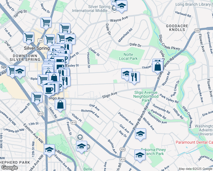 map of restaurants, bars, coffee shops, grocery stores, and more near 710 Silver Spring Avenue in Silver Spring