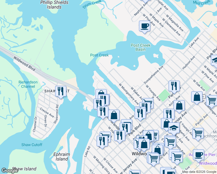 map of restaurants, bars, coffee shops, grocery stores, and more near 535b West Burk Avenue in Wildwood